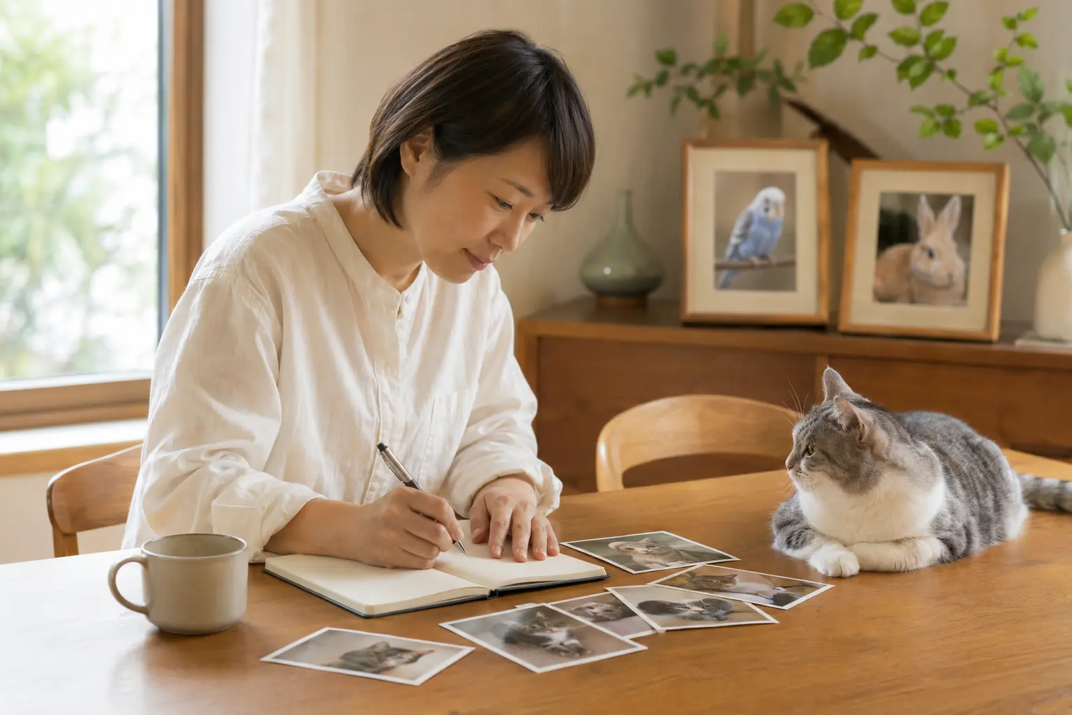 愛猫のそばで写真を見ながら思い出をノートにつづる人