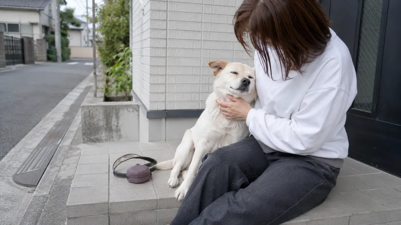 いつもの散歩を終えて玄関前で寄り添う保護犬と飼い主