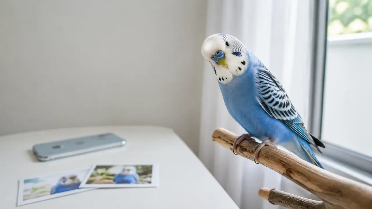 窓辺の止まり木で首をかしげるセキセイインコと、声を録るスマートフォン、羽色が分かる写真