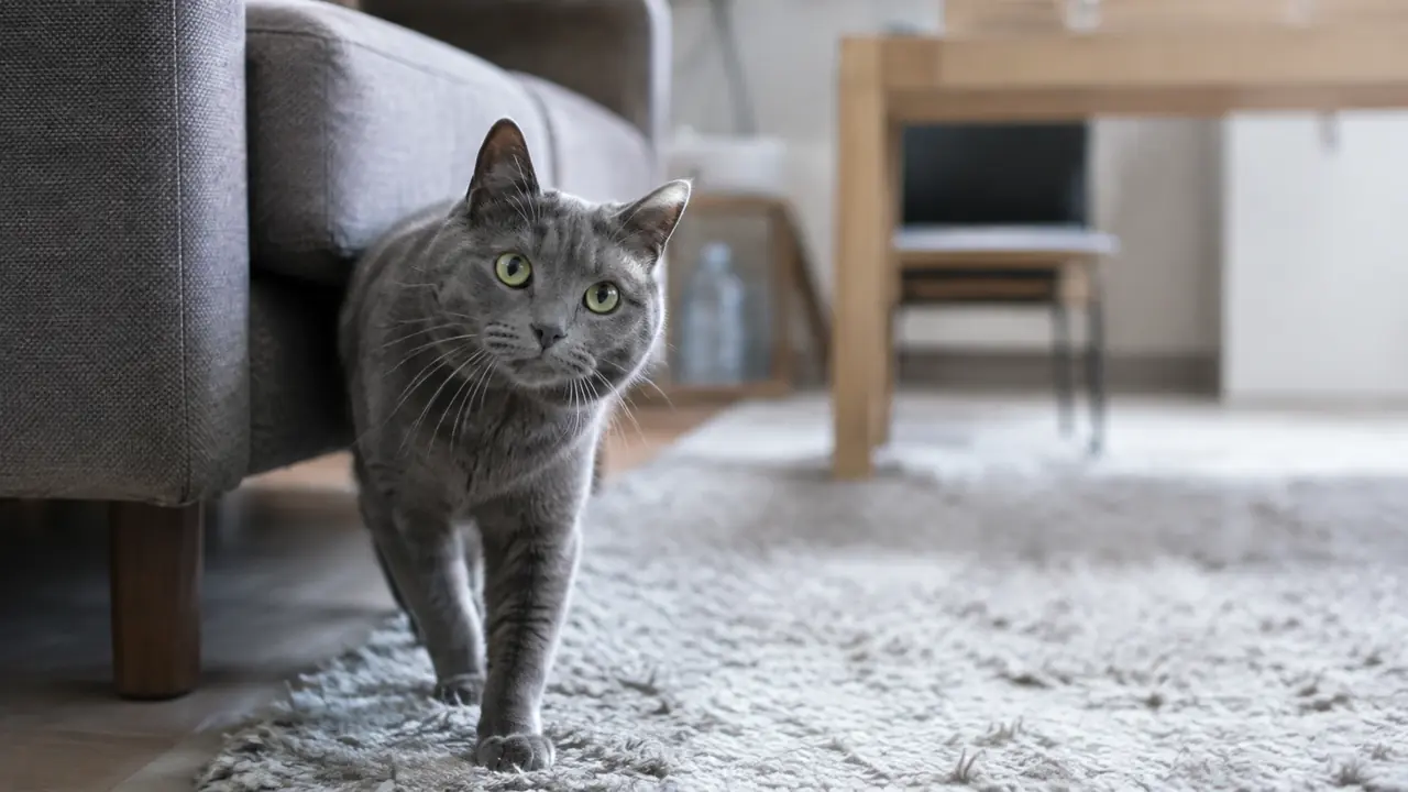 窓の光が入る室内でラグへ向かって歩き出すグレーの猫