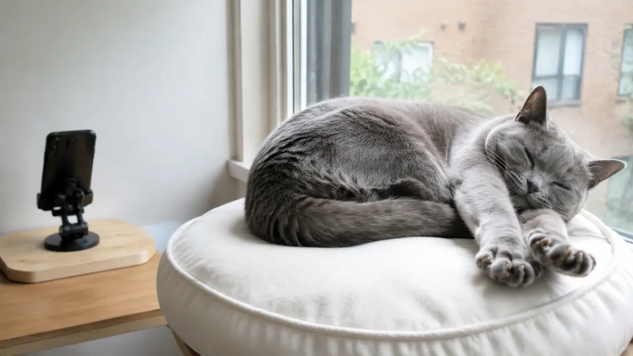 いつもの窓辺で眠そうに伸びをする猫を、少し離れた場所に置いたスマートフォンで静かに記録する様子