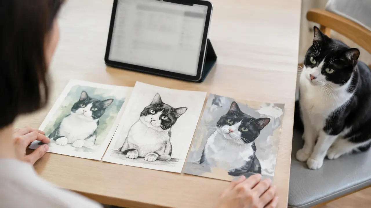 ペットを題材にした作品のサンプル三点を比較する飼い主のそばで見守るハチワレ猫