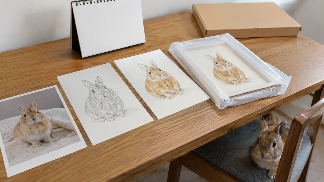 参考写真からラフ、修正版、完成品までを並べた机の下から顔を覗かせるうさぎ