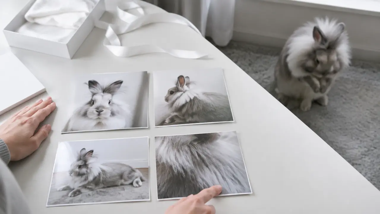 うさぎの正面、横顔、全身、毛色がそれぞれ分かる4枚の写真を、依頼用に確認する様子