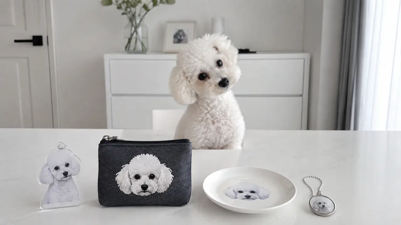白いトイプードルの前にアクリルや刺繍などのオーダーグッズを並べた様子