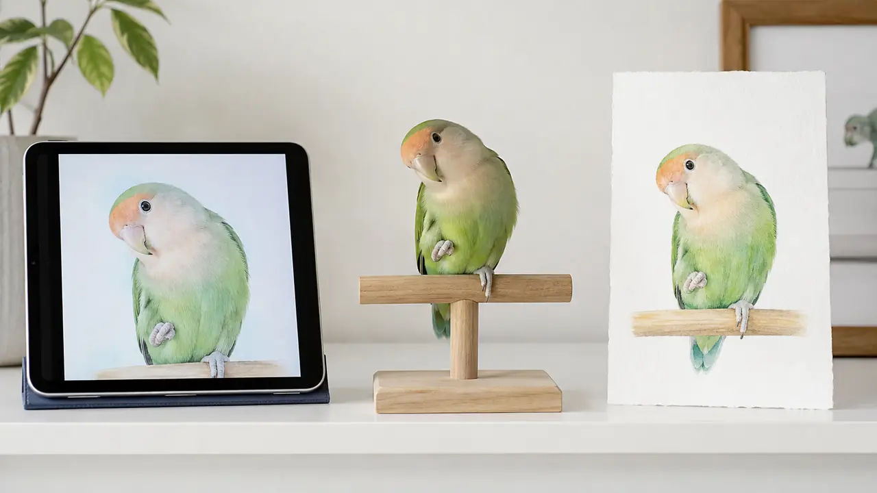 コザクラインコのデジタル似顔絵と紙の原画を実物のコザクラインコと並べて比べる様子