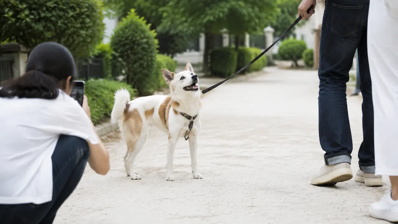 散歩中に飼い主を嬉しそうに見上げる犬を、同行した家族が低い位置から撮影する様子