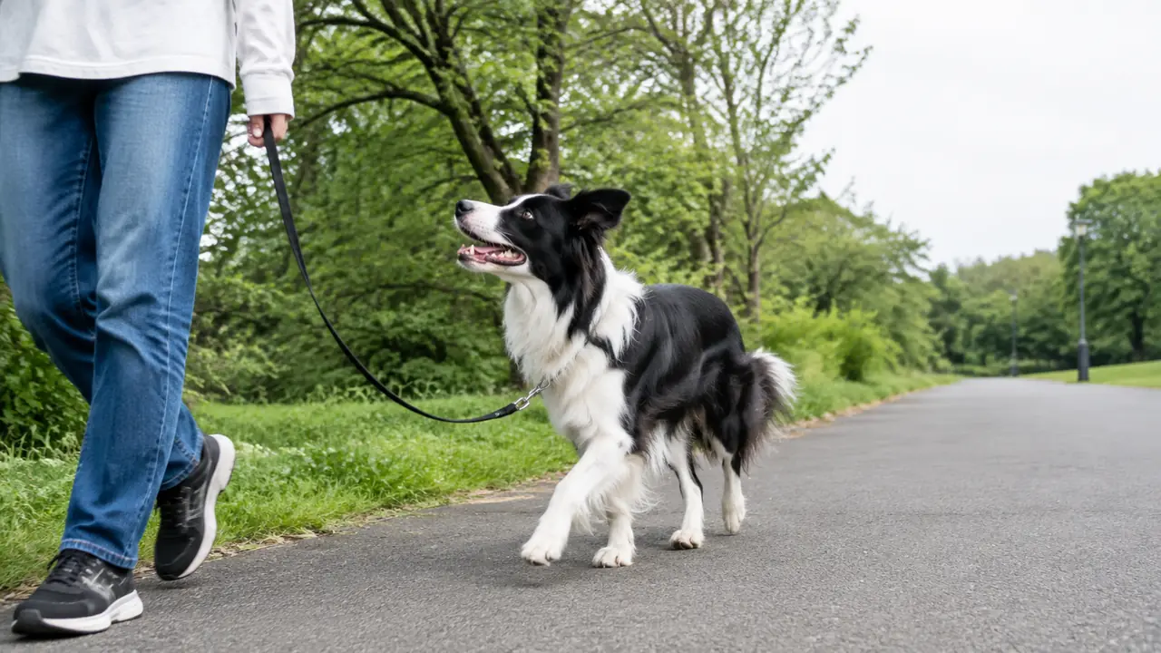 公園の小道を飼い主と歩くボーダーコリーを低い位置から撮った写真