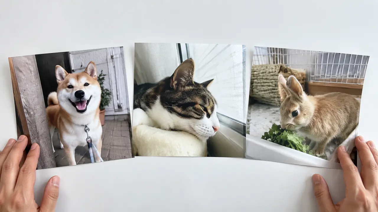 普段の場所で別々に撮った柴犬、猫、うさぎの写真を一つの記念として並べる様子
