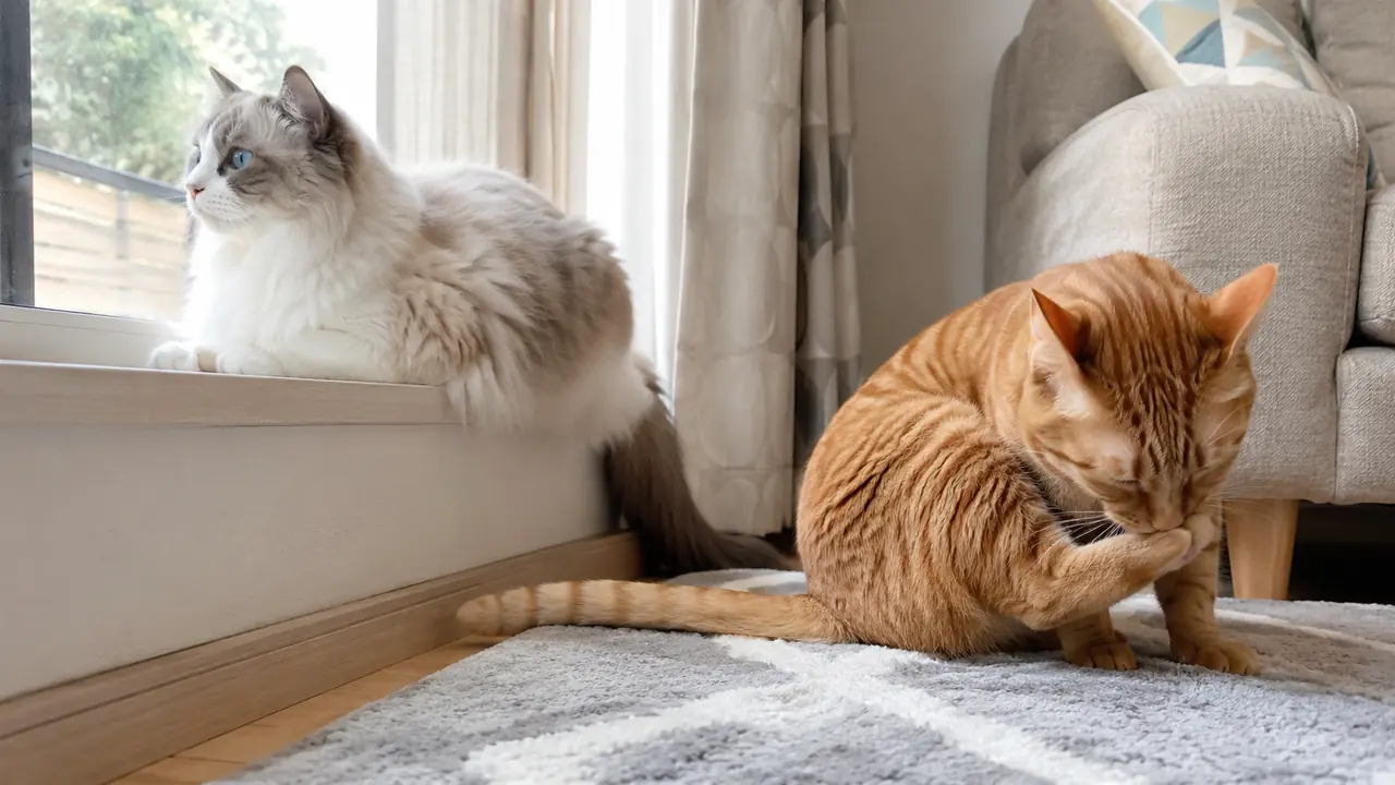窓辺のラグで自然に過ごし、尾を寄せ合う二匹の猫