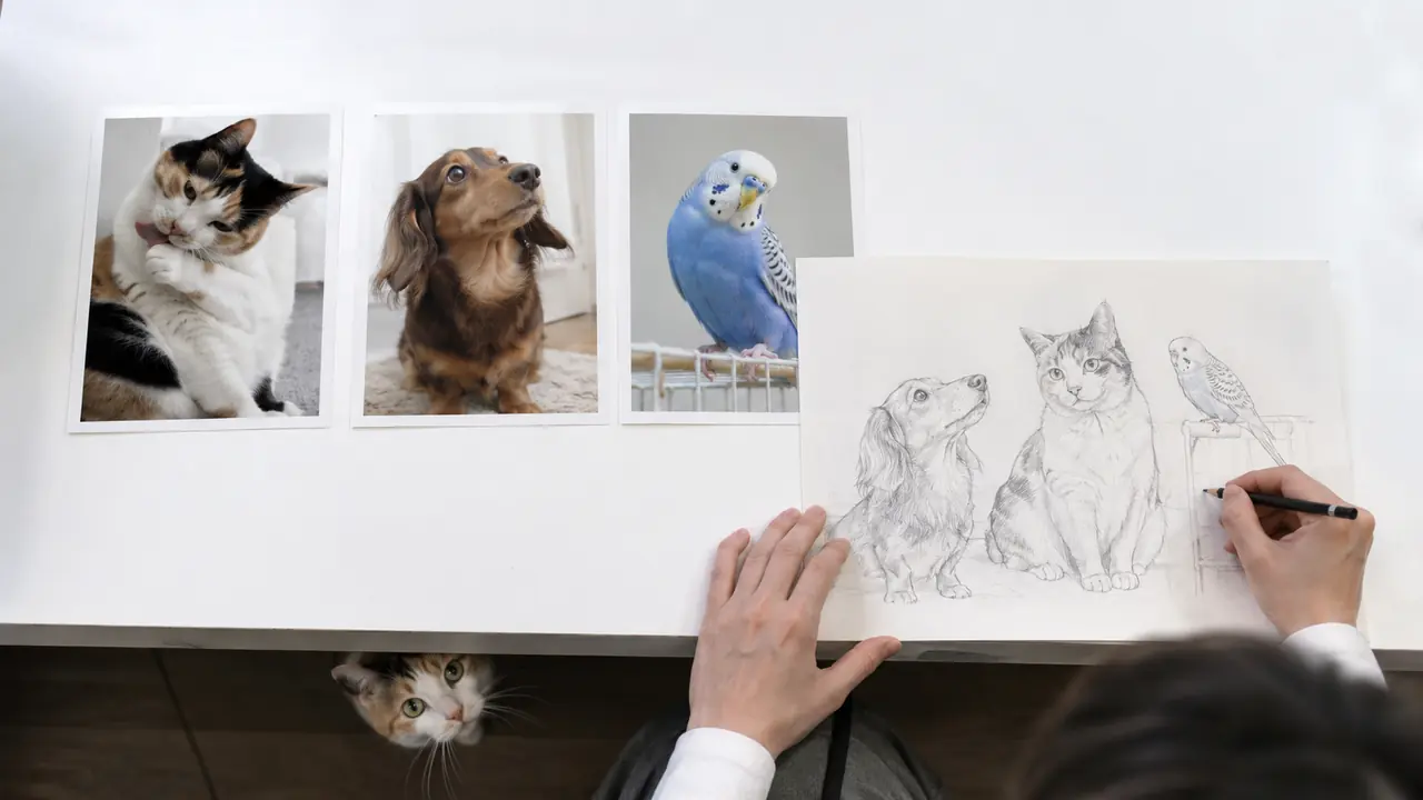 猫と犬とインコの別々の写真を見ながら一枚の似顔絵にまとめる作業風景