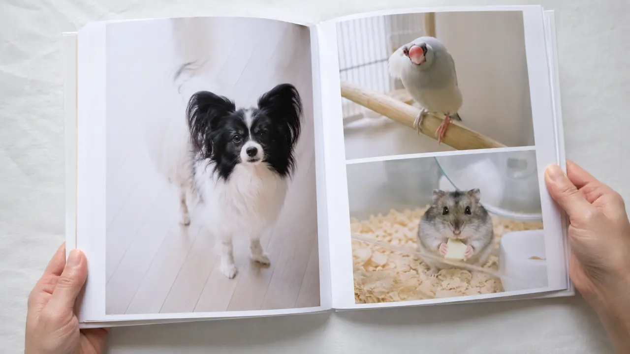 別々の安全な場所で撮った犬、文鳥、ハムスターの写真を一冊のフォトブックの見開きにまとめる様子