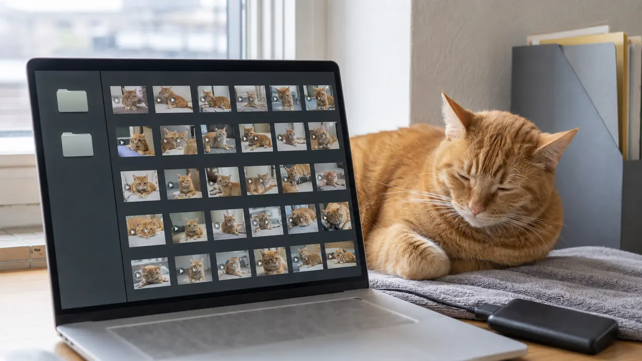 眠そうな茶トラ猫のそばで、ノートパソコンと外付けSSDを使ってペット動画を整理する様子