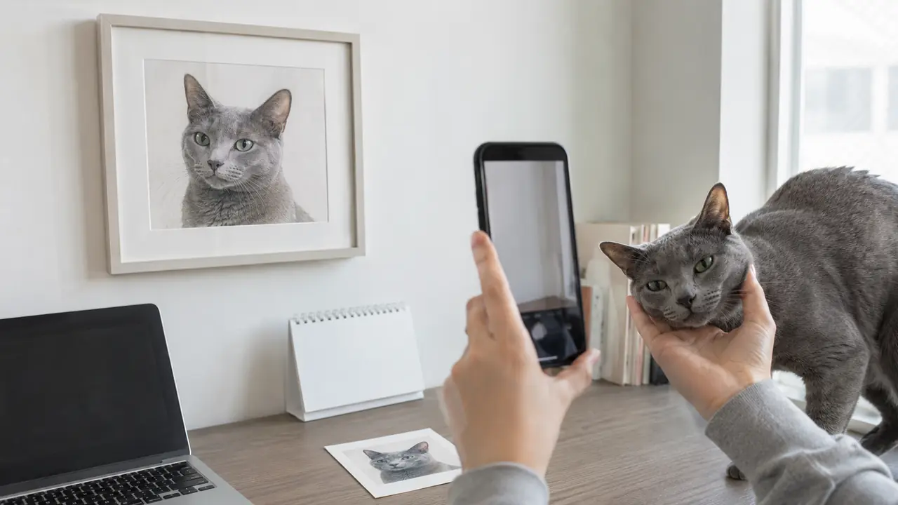 猫の似顔絵をスマートフォンで撮影し、印刷物への利用条件も確認する場面