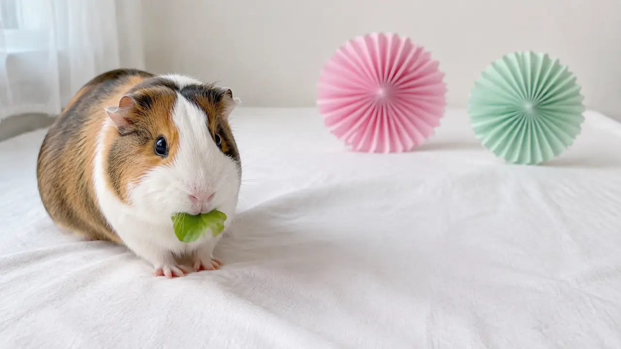 控えめな紙飾りの前で葉野菜を食べる誕生日のモルモット