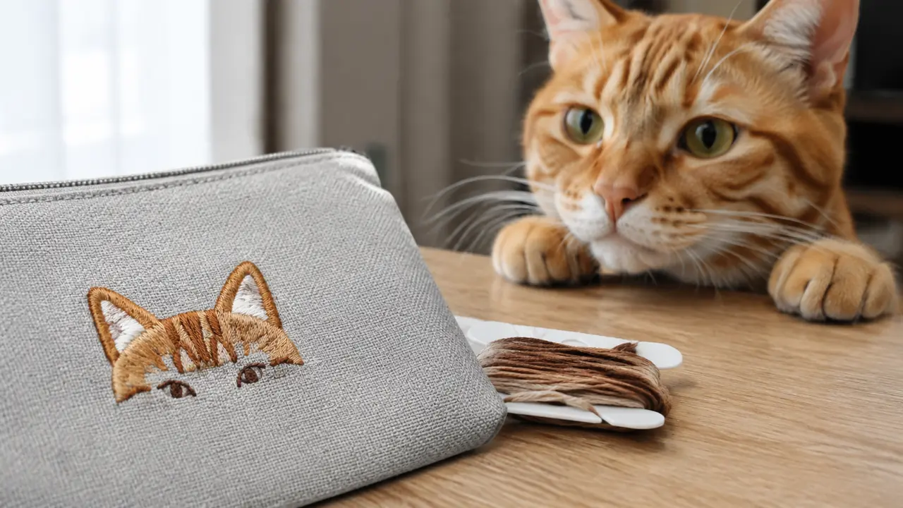 茶トラ猫の特徴を簡略化して刺繍したポーチとモデルの猫