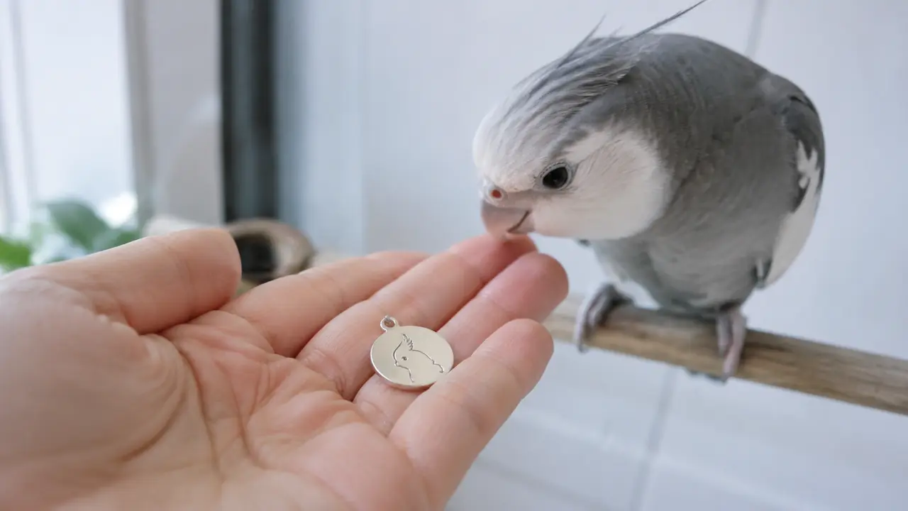 オカメインコの横顔を刻んだ小さな銀色ペンダントを、実物のインコのそばで飼い主が手のひらに載せる様子