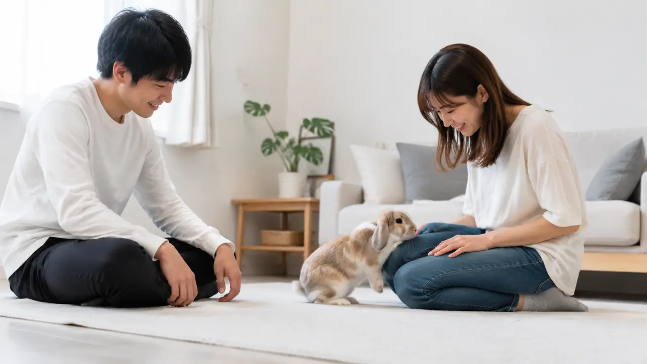 居間の床でうさぎを囲んで自然に触れ合う二人の飼い主