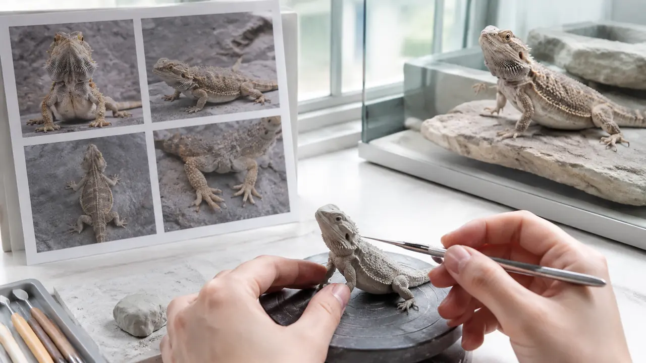 フトアゴヒゲトカゲの複数角度の写真を見ながら粘土フィギュアを作る様子