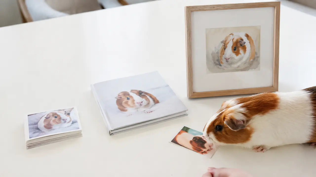 大きさや内容の異なるペットの記念品を前に、写真に鼻を近づける茶白のモルモット