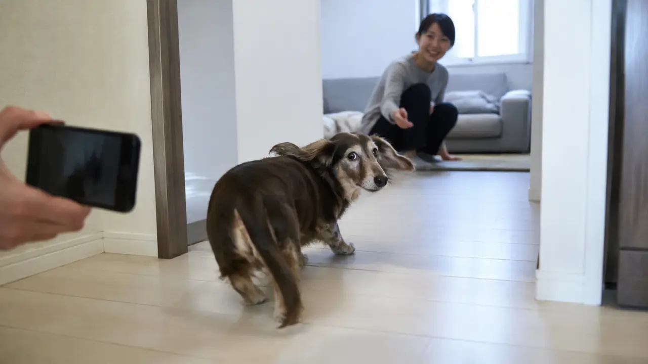 元気に歩くシニアのダックスフンドの日常を床の高さから動画で記録する様子