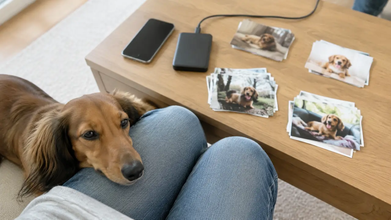 ペットの写真を選ぶ飼い主の膝にあごを載せて待つミニチュアダックスフンド