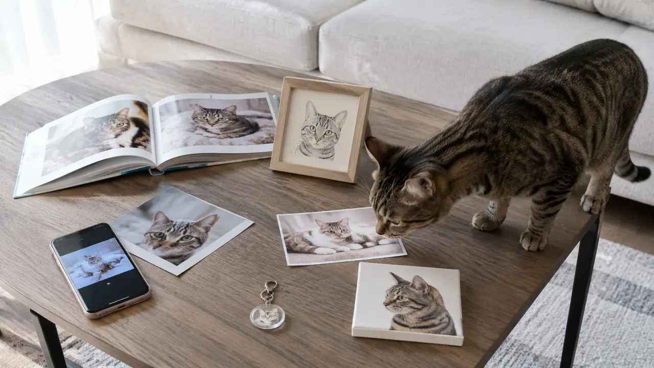 ペットの写真やフォトブック、似顔絵などの記念品を興味深そうに見るキジトラ猫