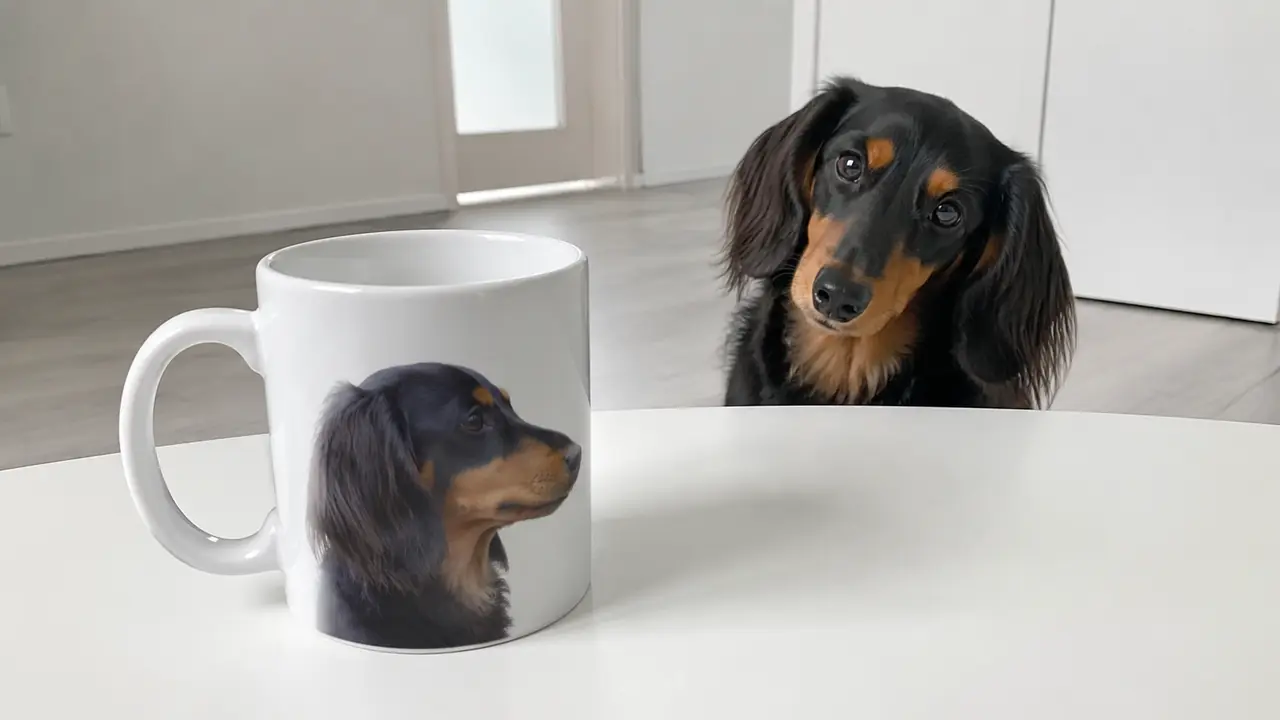 犬の写真が見切れないように印刷された白いマグカップと、首をかしげるミニチュアダックスフンド