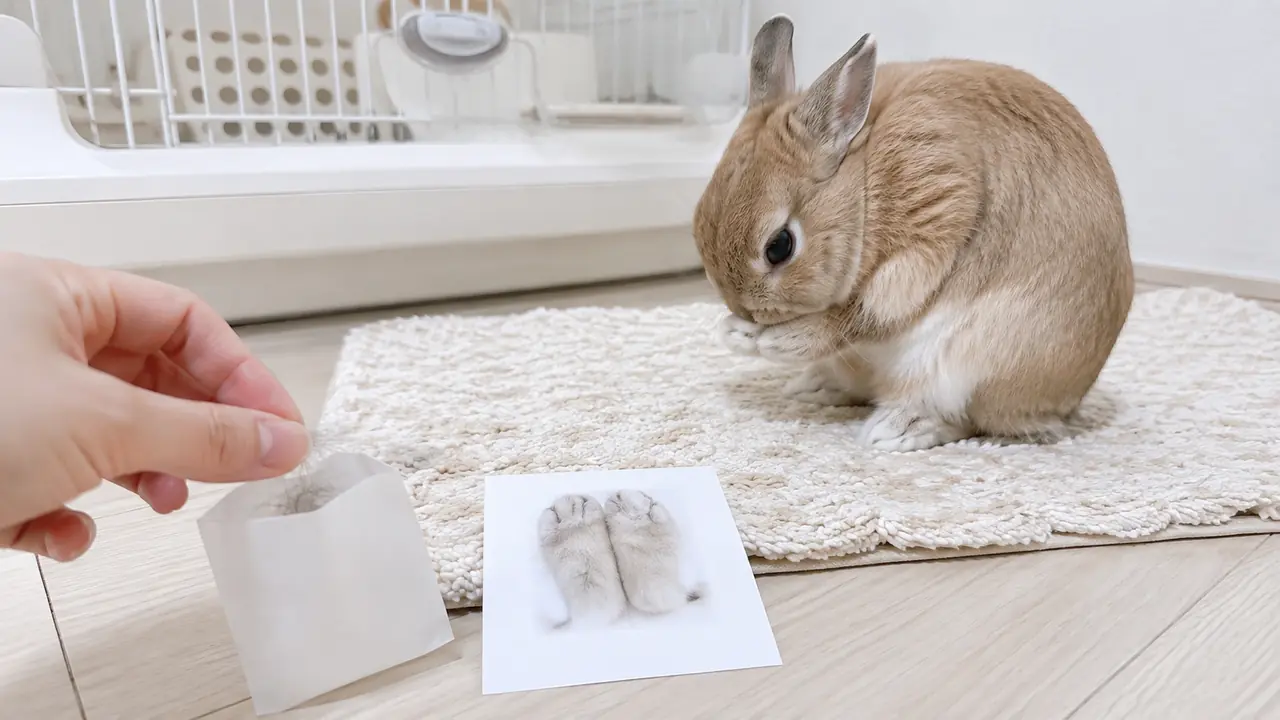 毛づくろいするうさぎのそばで、自然に抜けた毛を中性紙の小袋に保管する様子