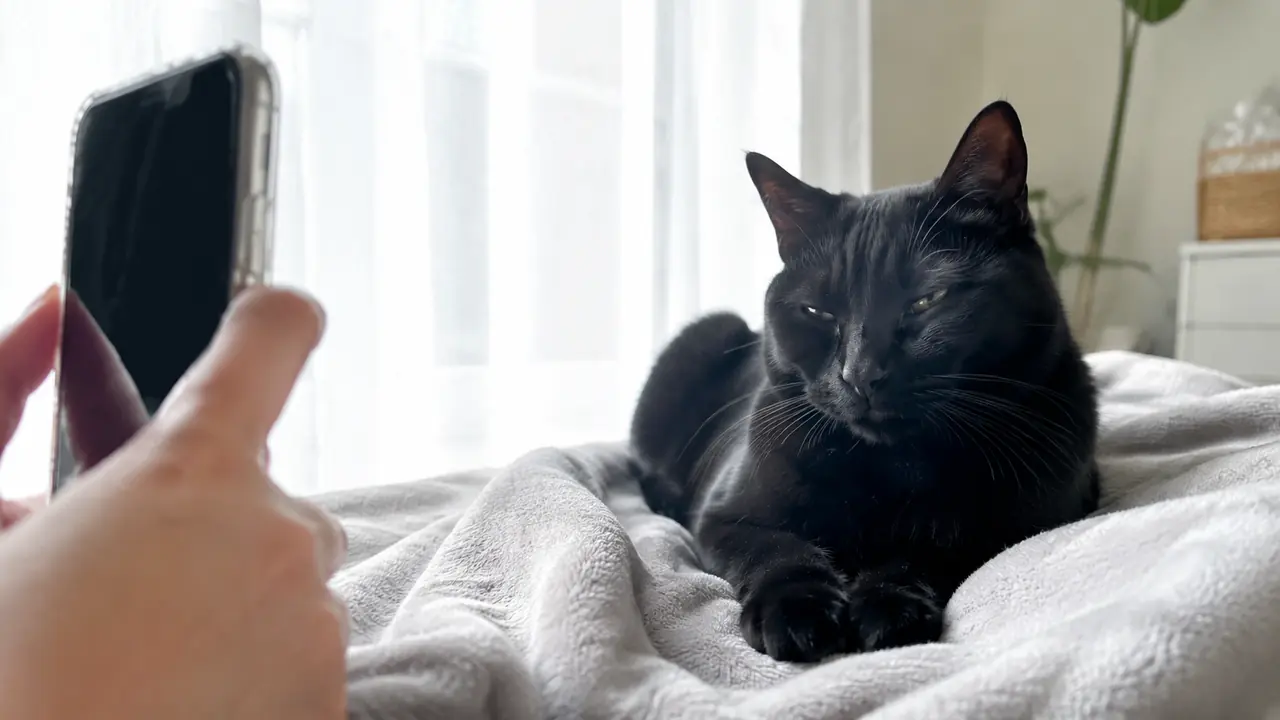 窓辺でくつろぐ黒猫を低い位置からスマートフォンで撮影する様子
