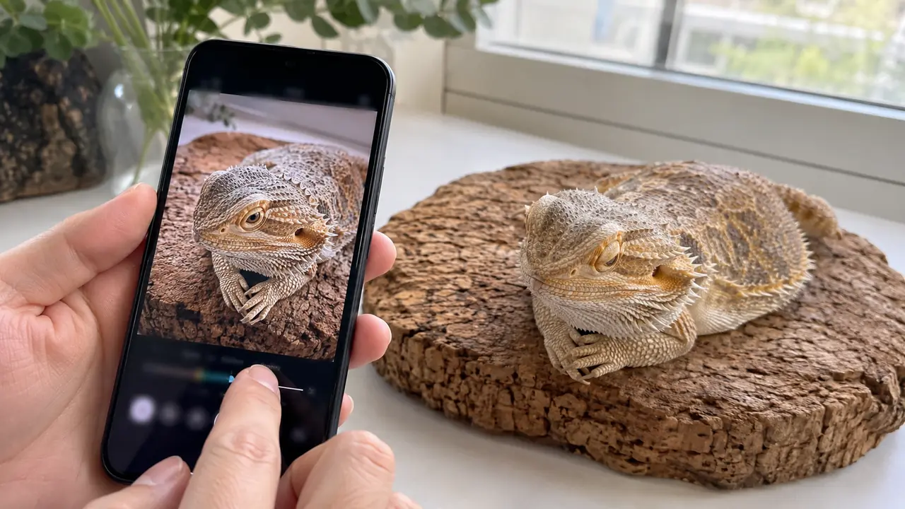 実物のフトアゴヒゲトカゲと見比べながらスマートフォンに表示した写真を自然に補正する手元