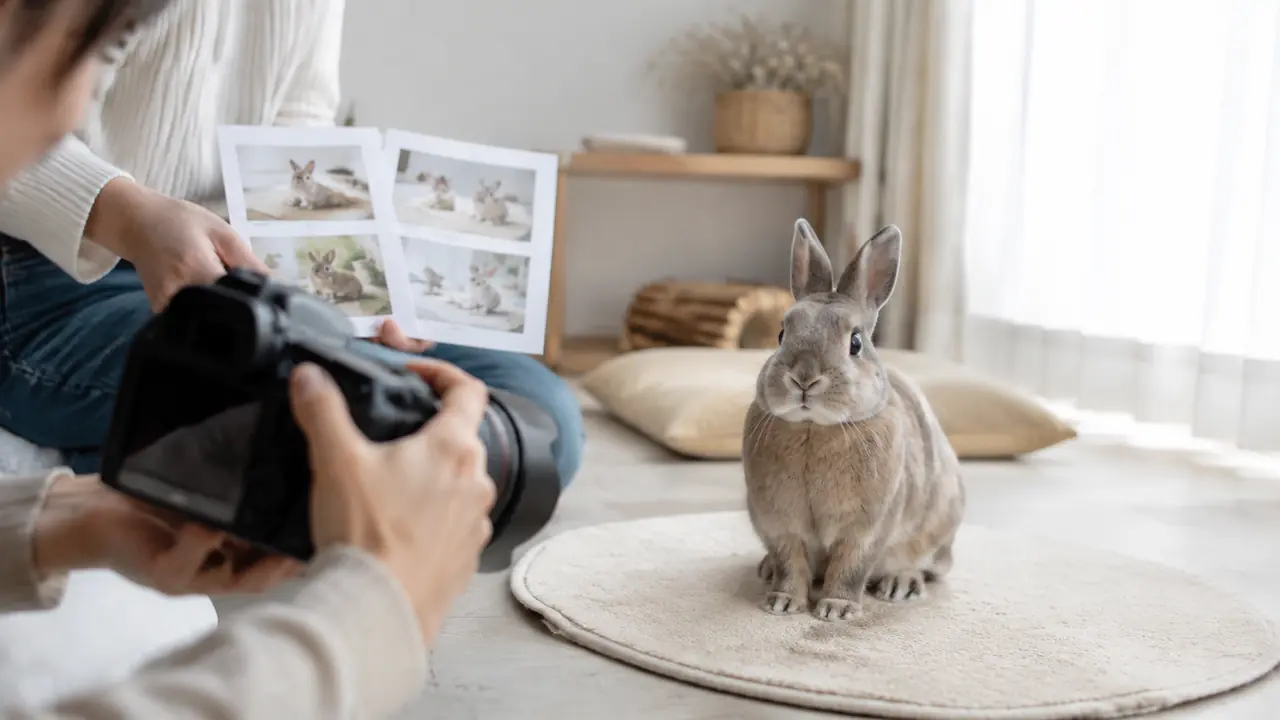 撮影者のカメラを不思議そうに見るうさぎと、飼い主が準備した構図の見本