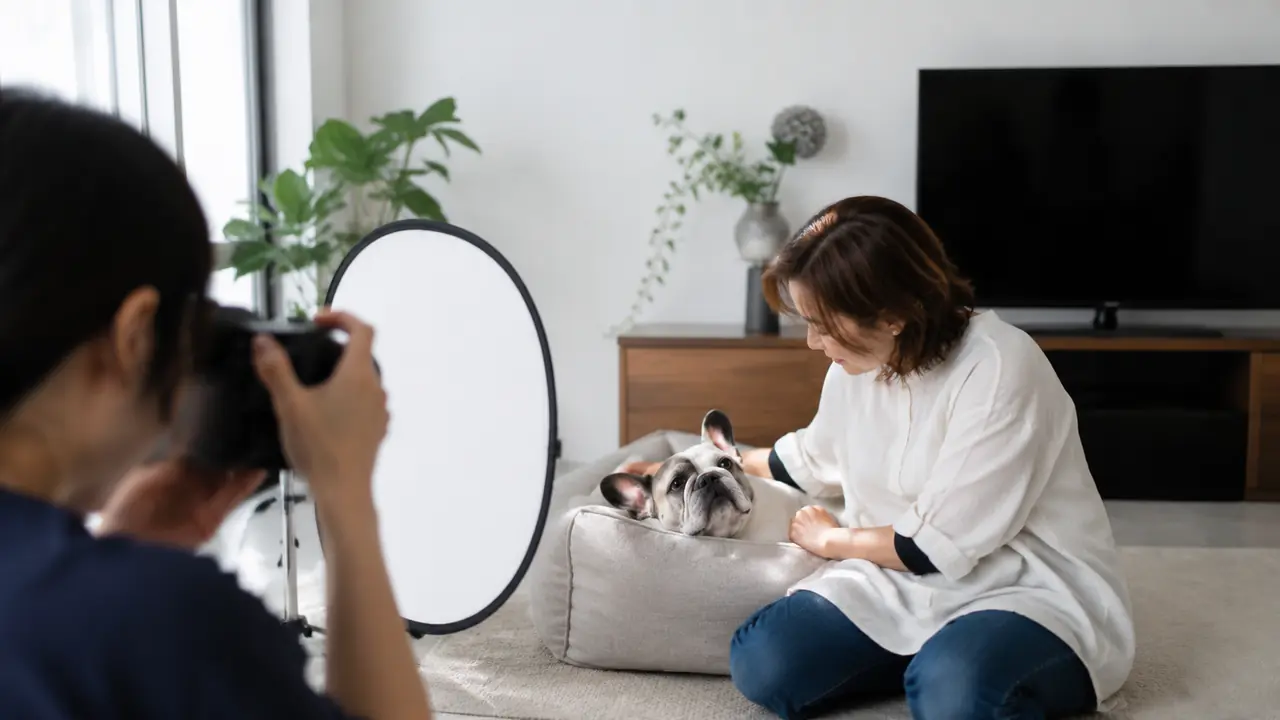 自宅で飼い主に寄り添うシニア犬を出張カメラマンが撮影する様子
