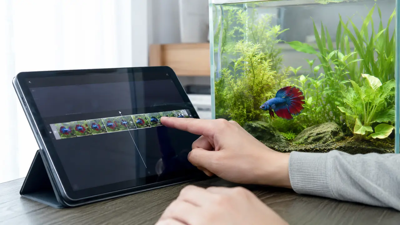 水槽のベタを見ながらタブレットで写真を使った思い出動画を編集する手元