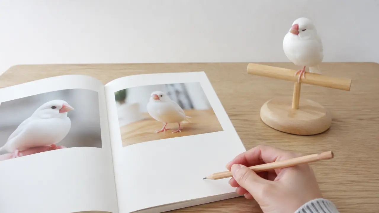 余白のあるペットフォトブックに短い言葉を書き添える手元と、そばで休む白文鳥