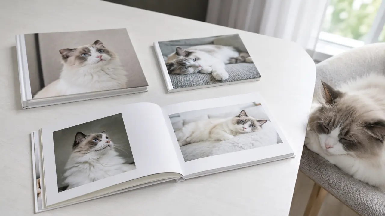 仕様の異なる三冊の猫のフォトブックと、その横で眠るラグドール