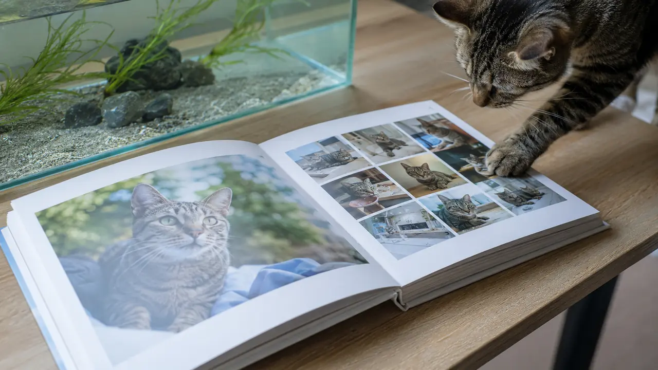 写真に大小の変化をつけた猫のフォトブックに前足を伸ばすキジトラ猫