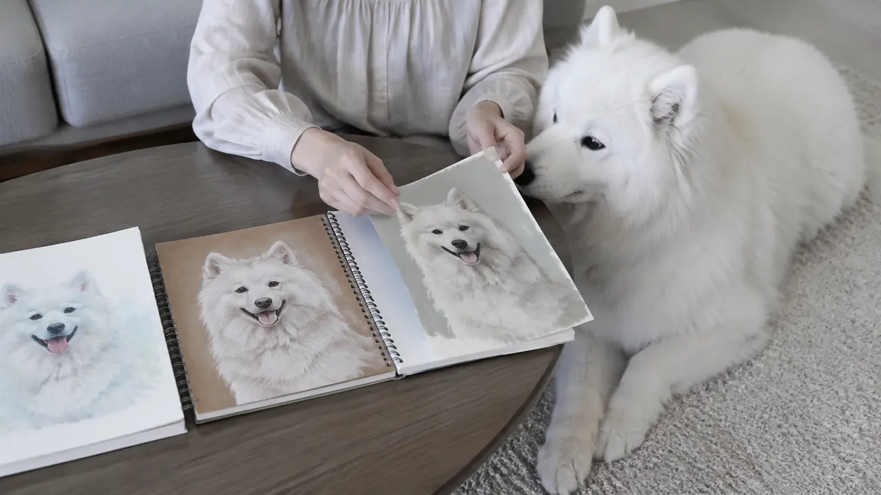 同じサモエドを描いた複数の作例を、実物の犬と見比べる飼い主