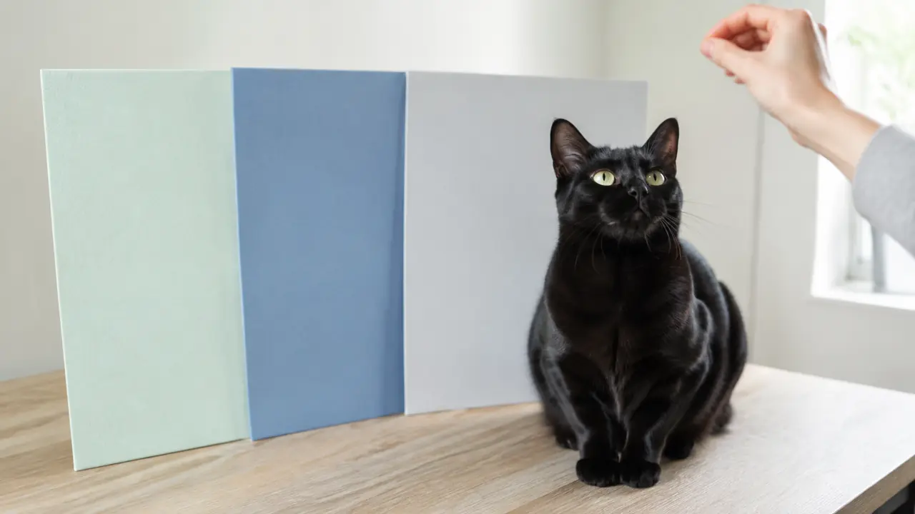淡い三色の背景ボードを黒猫の後ろに置き、毛並みと輪郭の見え方を比べる様子