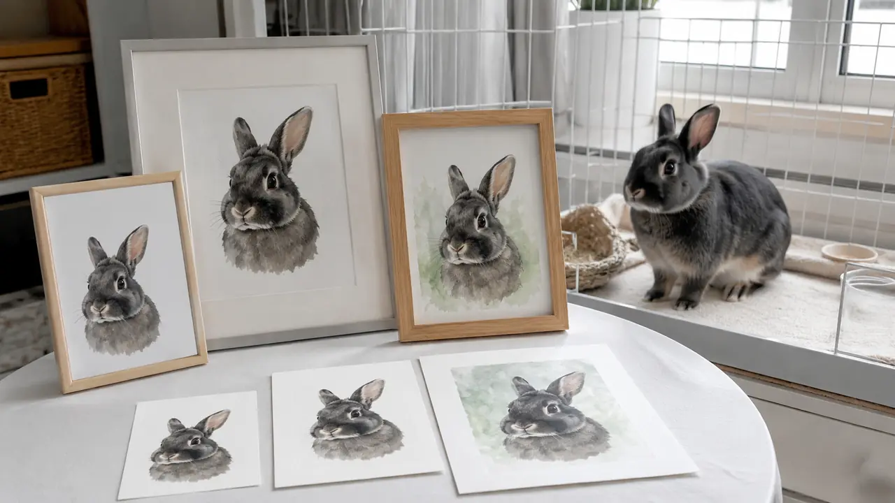うさぎの似顔絵をサイズ・背景・額装の違いが分かるように並べた制作机
