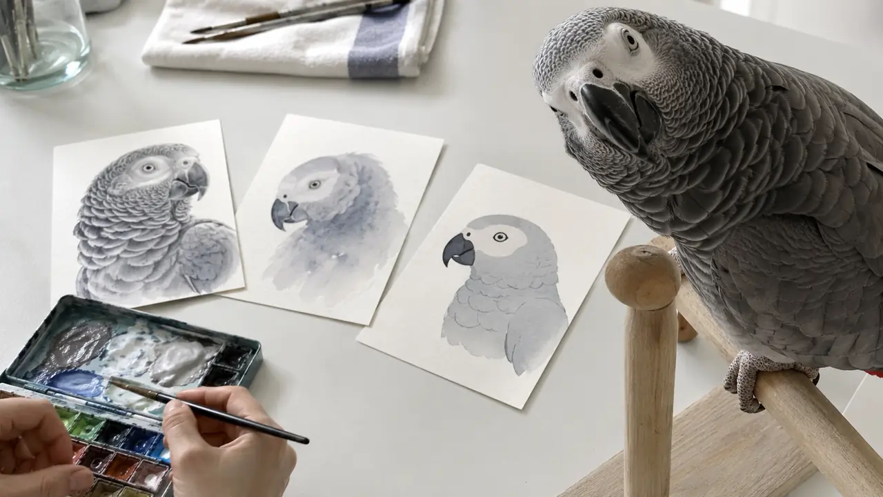 ヨウムのそばに写実風・水彩風・デフォルメ調の似顔絵見本を並べた制作机