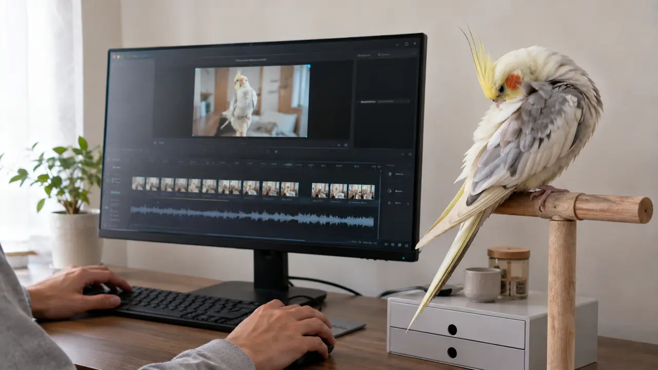羽づくろいするオカメインコのそばで、日常動画の不要な部分を削り、音量を調整している様子