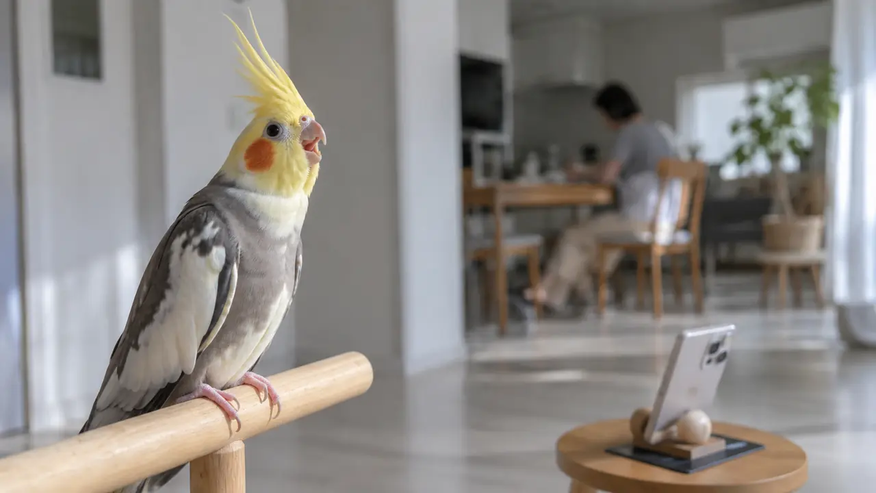 止まり木でさえずるオカメインコを、少し離れた場所に置いたスマートフォンで録音する様子