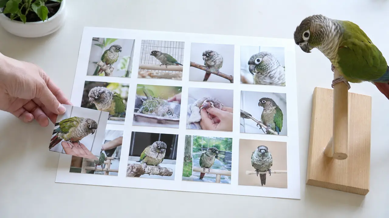 一年分のペット写真を十二の枠に並べる手元を、ウロコインコが首をかしげて見ている様子
