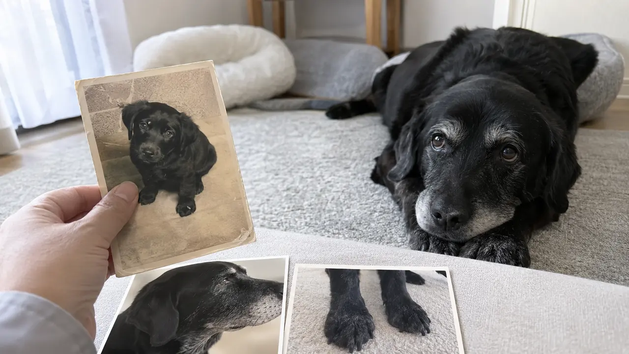 シニアの黒い犬のそばで若い頃の小さな写真と補助写真を見比べる手元