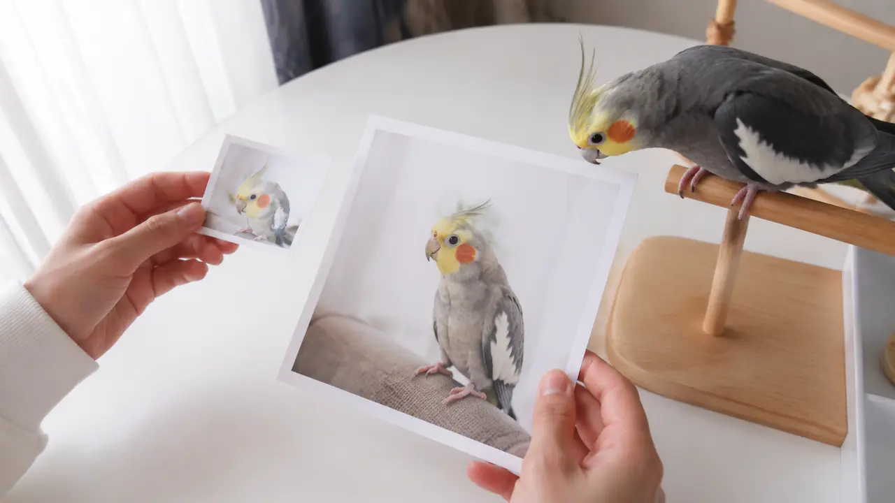 オカメインコの小さな試し刷りと大きな写真を昼の光で見比べる様子