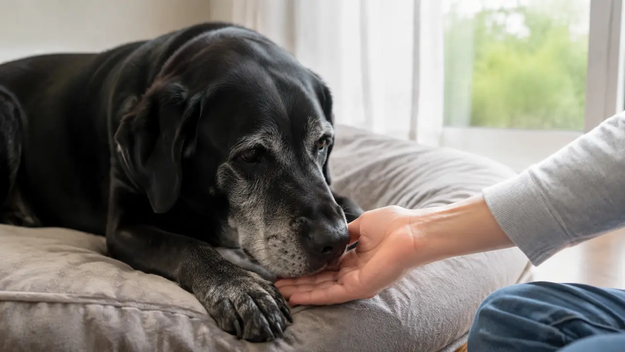 いつものベッドで休みながら飼い主の手に鼻先を寄せるシニア犬
