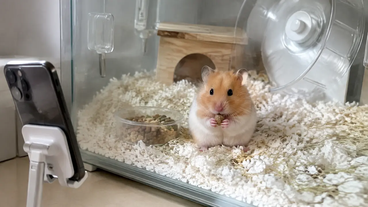 普段の飼育ケースで餌を前足に持って食べるハムスターを、ケースの外側に固定したカメラで撮影する様子