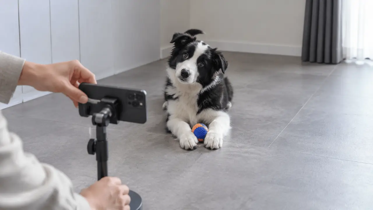 ボーダーコリーの子犬を撮る前に、スマートフォンを横向きに固定する飼い主
