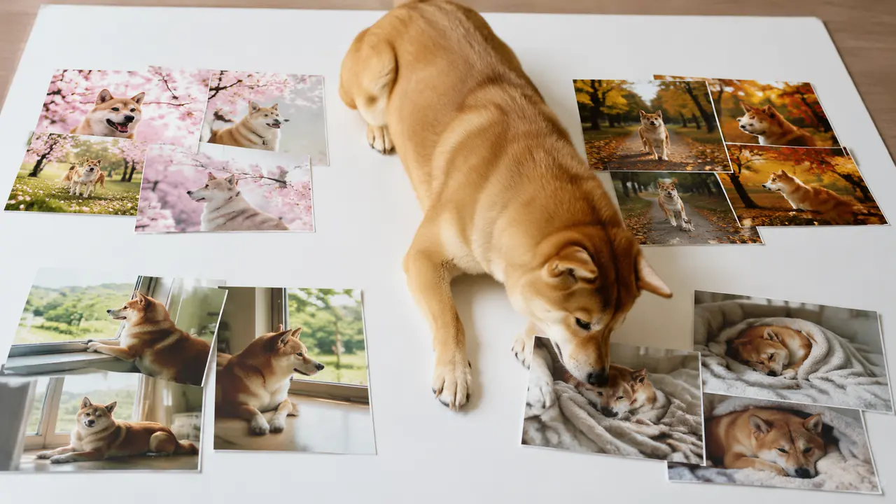 春夏秋冬に分けて並べた一年分の写真のそばで伏せる柴犬